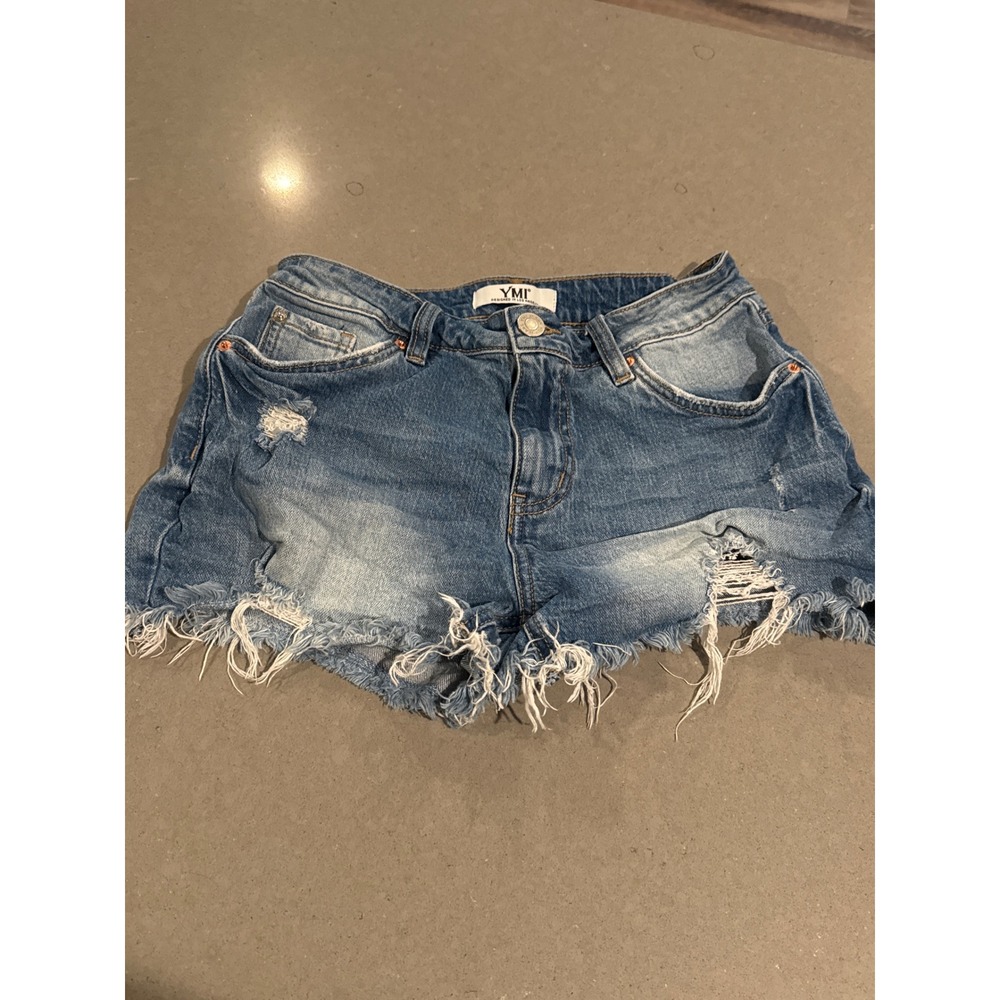 YMI Blue Denim Distressed‎ Frayed Hem Jean Shorts Casual Womens